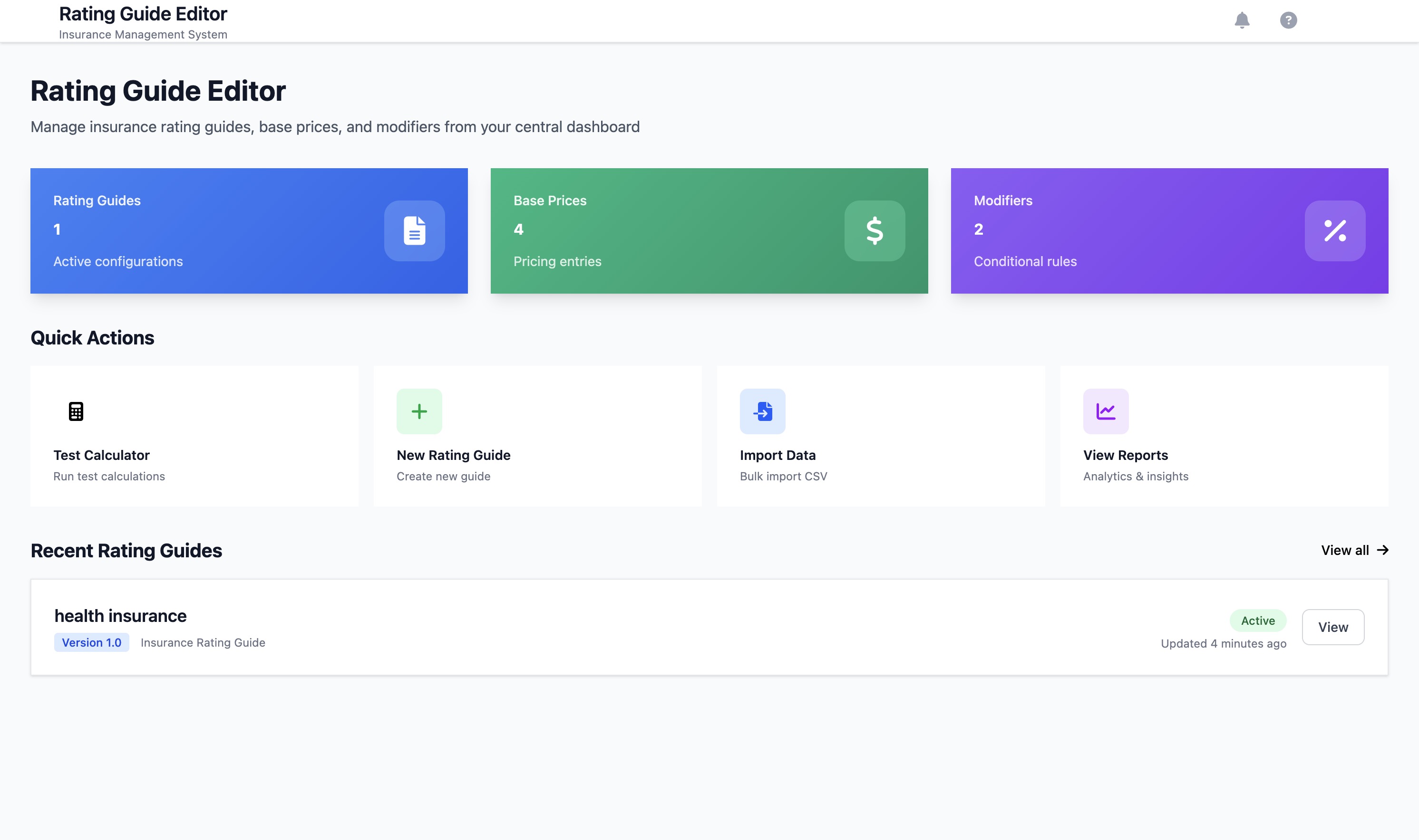 Rating Guide Editor Dashboard showing rating guides, base prices, modifiers, and quick actions interface
